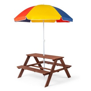 Karl Home Kids Wood Rectangle Outdoor Picnic Table and Bench with Umbrella - 1 of 4