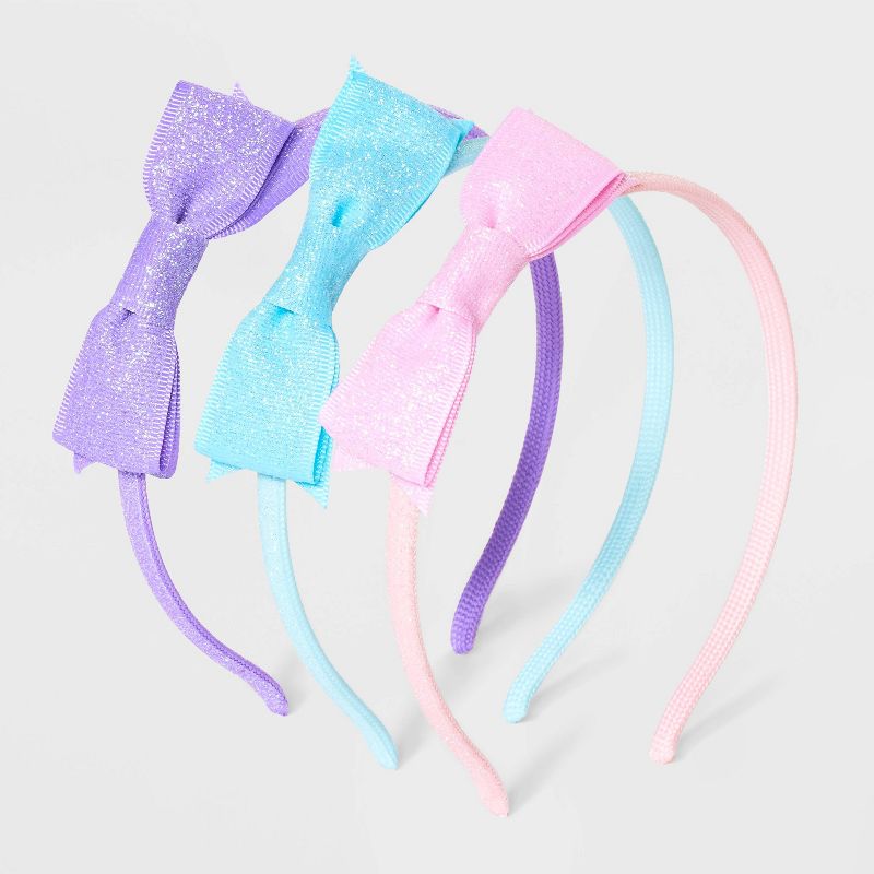 Girls&#39; 3pk Headbands Woven Glitter Bow - Cat &#38; Jack&#8482; Purple/Blue/Pink, 1 of 5