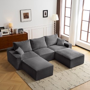 110" L-Shaped Sectional Sofa, Full-Compression 3-Seater Cloud Couch with Chaise, No-Assembly Corduroy Modular Sofa with Deep Seats & Neck Pillows - 1 of 4