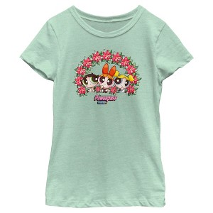 Girl's The Powerpuff Girls Christmas Poinsettia Wreath T-Shirt - 1 of 4