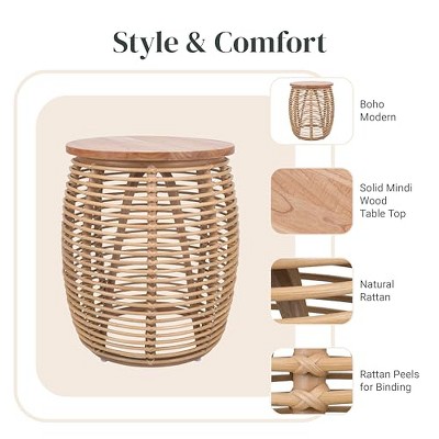 Honey Brown Round Rattan and Pine Wood End Table