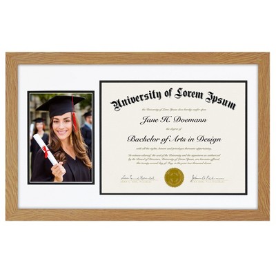 Americanflat 11x18 Oak Graduation Frame | 2 Opening Mat Displays 5"x7" Photo and 8.5"x11" Diploma. Tempered Shatter-Resistant Glass