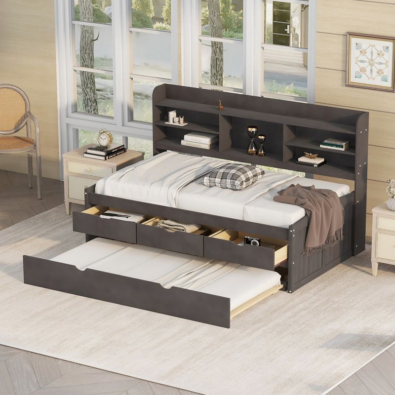 Twin Size Wooden Captain Bed with Built-in Bookshelves, Three Storage Drawers and Trundle-ModernLuxe, 1 of 12