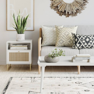 Mina White and Gold Rattan Wood End Table with Boho Storage