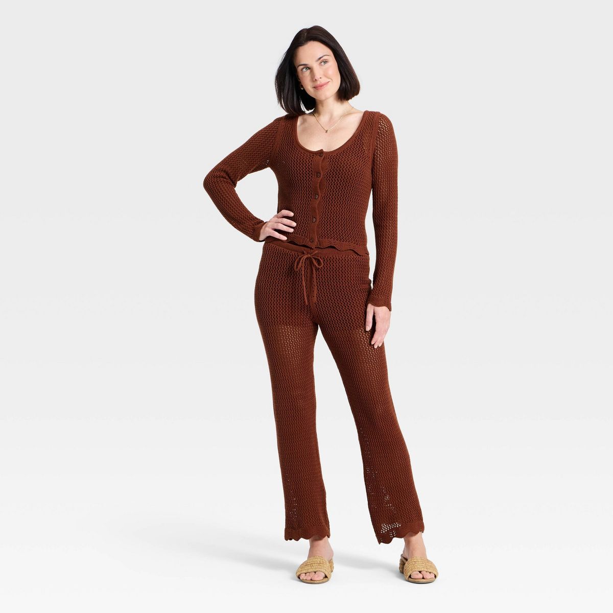 Women's Long Sleeve Button-Up Scalloped Hem Crochet Cardigan Sweater - A New Day™ Brown - thumbnail 3