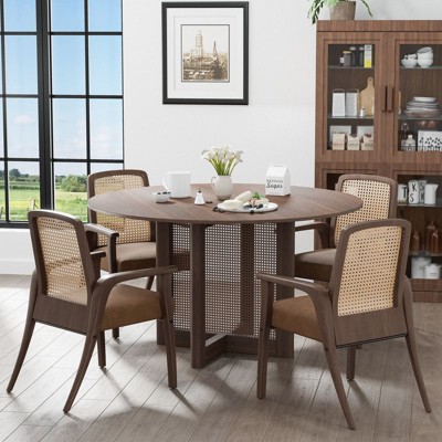 PexFix 52" x 52" Farmhouse Kitchen Dining Room Table Furniture Round Walnut Kitchen Table with Rattan Woven Legs for Kitchen Bar Living Room