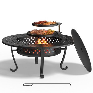 43'' Fire Pit with 2 Grills, Outdoor Wood Burning Fireplace with Lid and Fire Poker, BBQ & Bonfire & Round Metal Table - 1 of 4