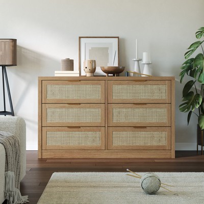 6/7 Drawer Dresser for Bedroom, Rattan Dresser Modern Wood Chest with Metal Handles, Storage Organizer or TV Stand for Living Room & Hallway