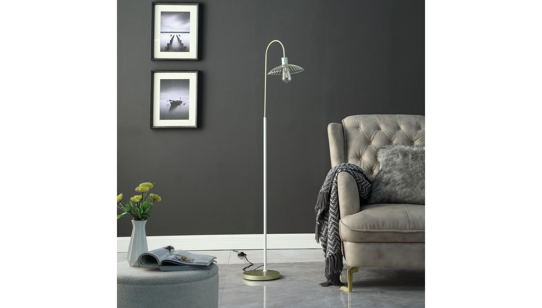 64.25" Industrial Farmhouse Pendant Cage Floor Lamp Satin Matte Gold/White Metal