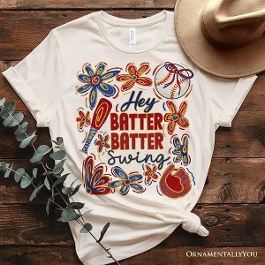 Hey Batter Batter Swing T-Shirt, Retro White and Natural Baseball Tee with Floral Accents| OrnamentallyYou - 1 of 4