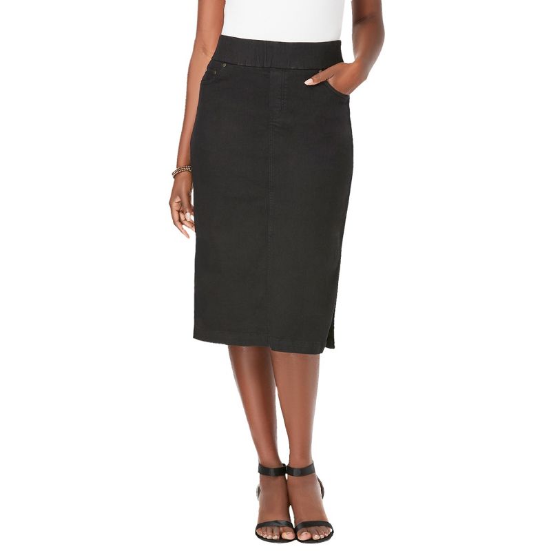 Jessica London Women's Plus Size Casual Comfort Elastic Waist Stretch Denim Midi Skirt, 1 of 2