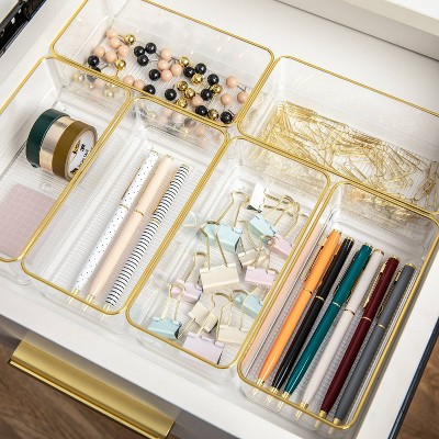 Martha Stewart 6pc 6" x 3" Plastic Stackable Office Desk Drawer Organizers with Gold Trim Clear