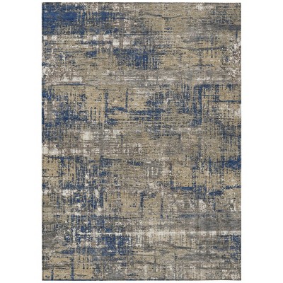 Navy Blue And Beige Geometric Washable Indoor Outdoor Area Rug