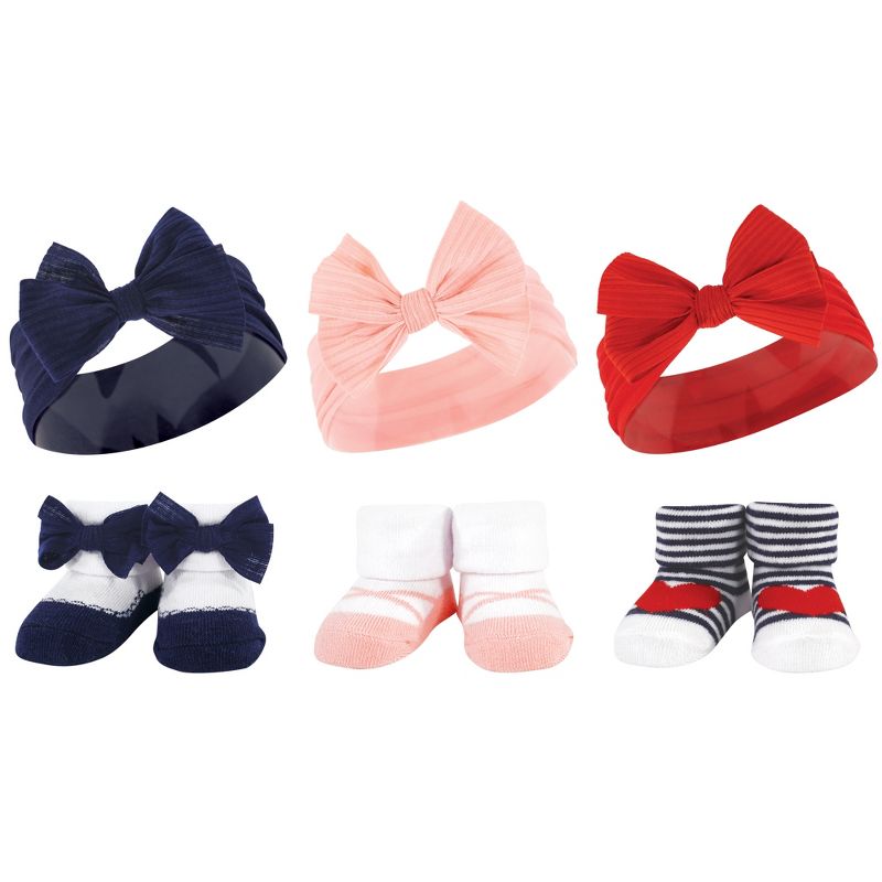 Hudson Baby Infant Girl 12Pc Headband and Socks Giftset, Red Blue Bows Red Chambray, One Size, 2 of 4