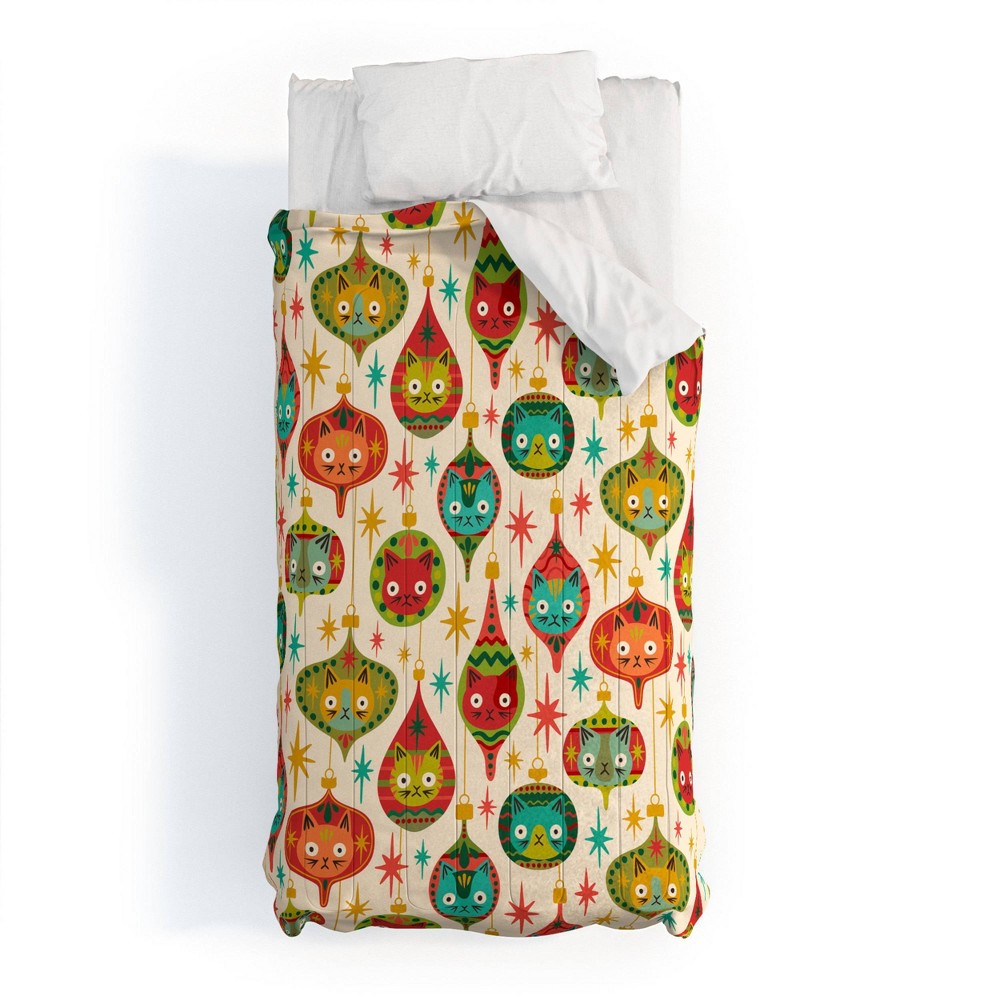 Photos - Duvet Deny Designs Twin/ Twin Extra Long Carriecantwell Meowy Christmas Comforter and Pillow Sham Green
