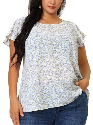 Agnes Orinda Women's Plus Size Floral Short Sleeve Casual Blouse Light ...