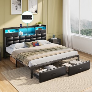 GREENSTELL King Bed Frame with Upholstered Storage Headboard & Drawers and Charging Station & LED Lights Black PU - 1 of 4