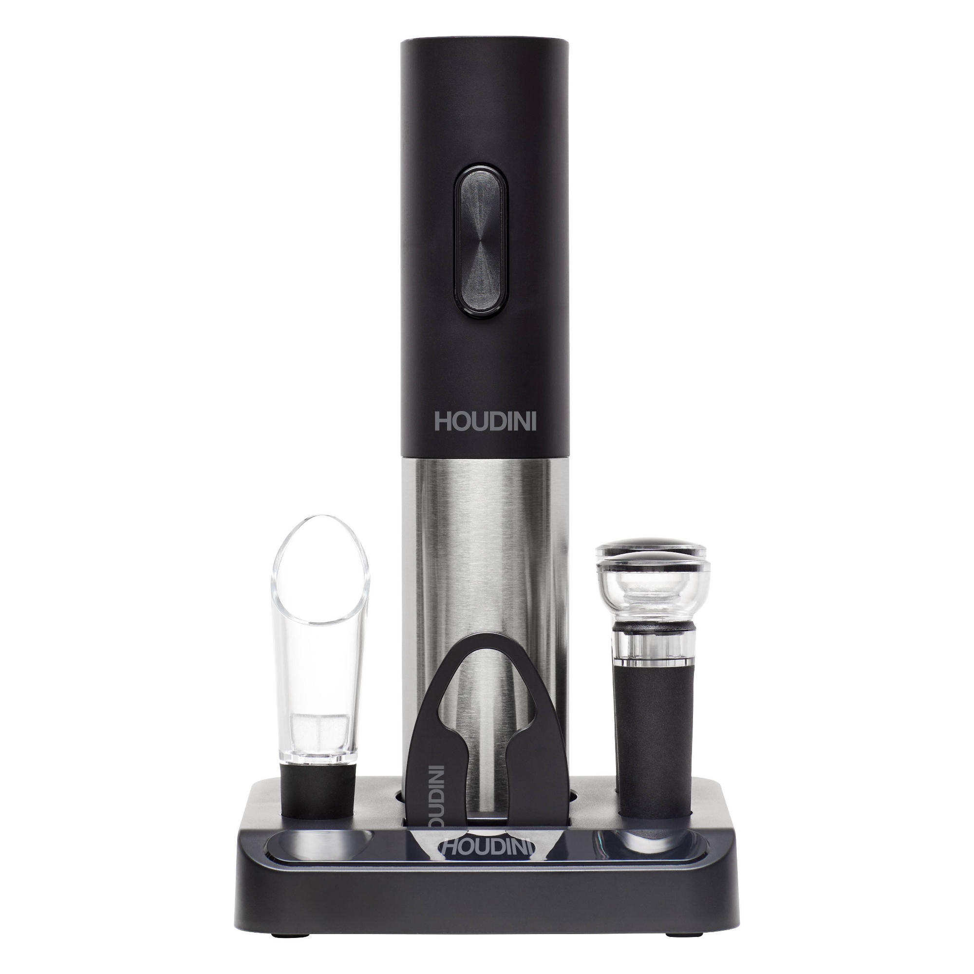 Houdini Electric Wine Corkscrew Set: Stainless Steel & ABS, 6-Piece Barware, Battery Operated Wine Opener, Black