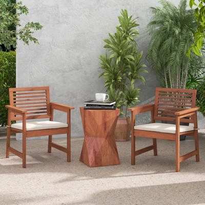 Natural Wood Outdoor Dining Chairs with Off-White Cushions, Set of 2