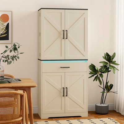 KTMBDW 67.7¡± Pantry Cabinet, Tall Kitchen Storage Cabinet with 4 Doors and 1 Drawer, Cupboard with 6 Hanging Shelves for Kitchen, Dining Room, White