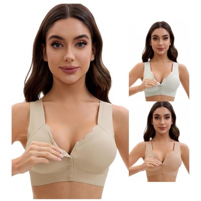 INSPIRE CHIC Women's Front Closure Full Coverage Bra Wirefree Wave Trim U Back Soft Bras 3 Packs