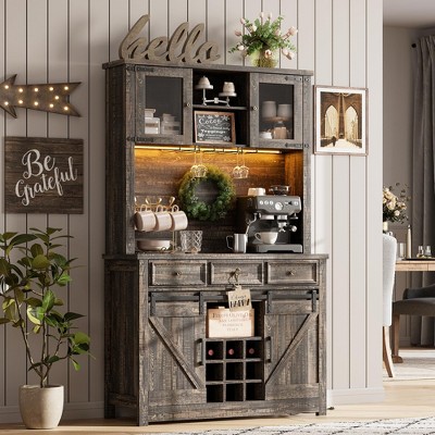 Whizmax 72" Farmhouse Coffee Bar Cabinet, LED Lights & Power Outlets, Sliding Barn Doors, Rustic Brown Buffet with Wine Storage & Microwave Space