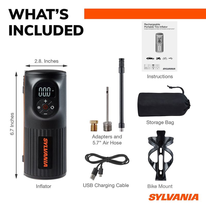 SYLVANIA - Handheld Rechargeable Tire Inflator - Portable & Cordless Car Tire Inflator Pump - Rechargeable Tire Inflator with Phone Charger, 5 of 9