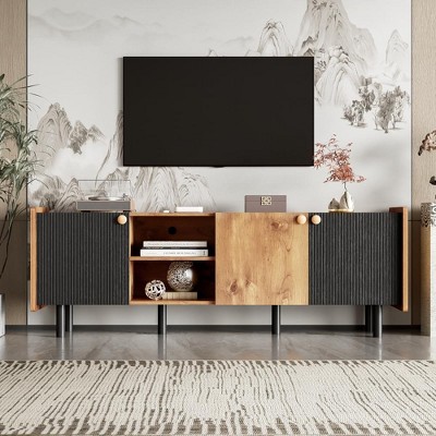 Chic Crate - 70" Mid-Century Modern Media Console - 3 Closed Cabinets & Storage Hub - Walnut & Charcoal TV Stand for Living Room/Home Theatre