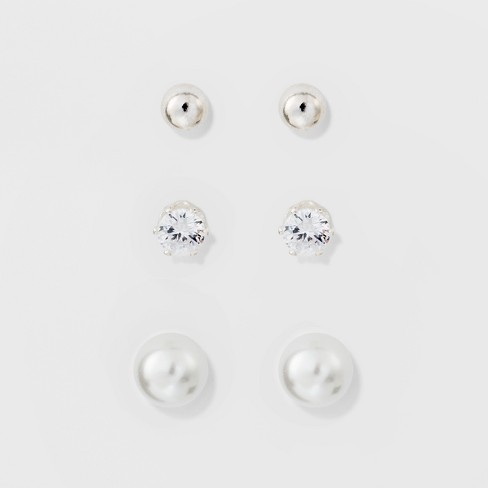 Stud Earring Set 3ct - A New Day™ Silver/white : Target