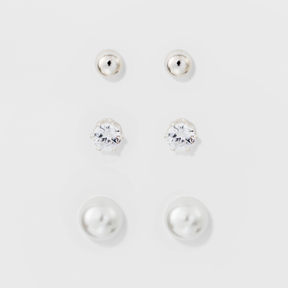 Photos - Earrings Stud Earring Set 3ct - A New Day™ Silver/White