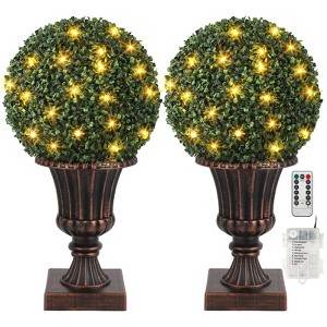 16" Pre-Lit Artificial Topiary Balls 2-Pack - UV Resistant & Waterproof Faux Greenery  with Weighted Pot Base for Front Porch/Garden Decor) - 1 of 4