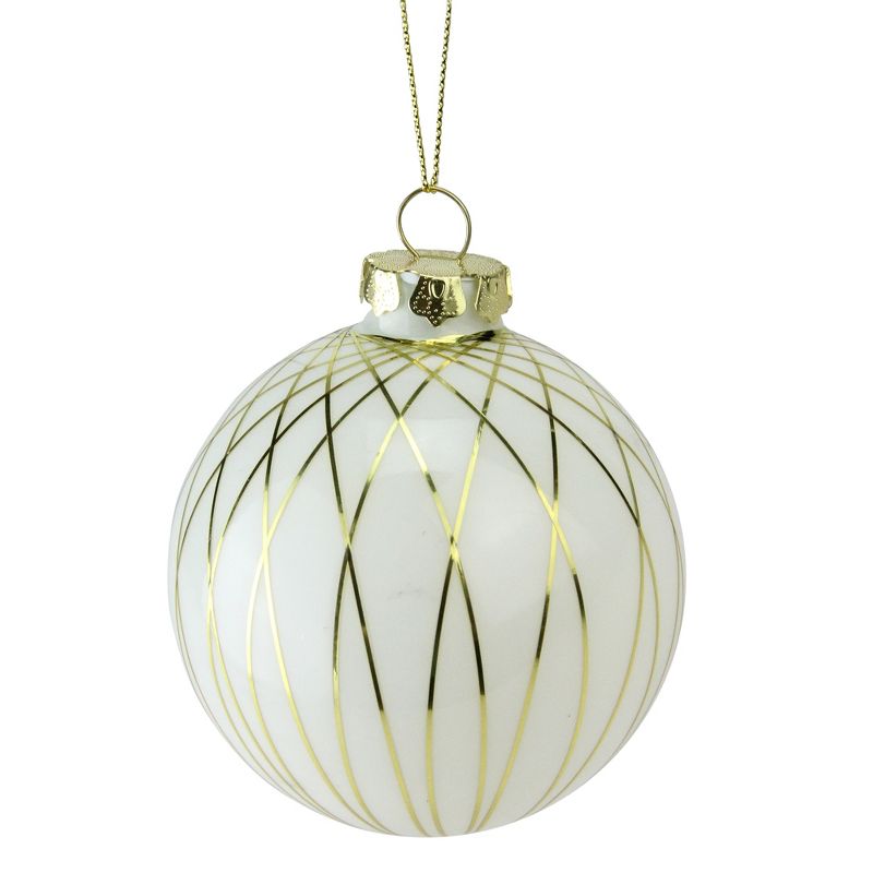 Northlight White and Gold Geometric Shiny Glass Christmas Ball Ornament 3.25" (80mm), 1 of 4