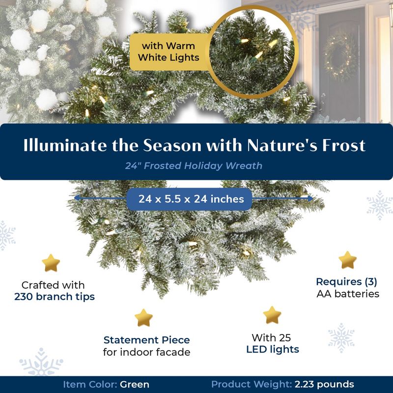 Noma 24 Inch Pre-Lit  Battery Operated Frosted Fir Artificial Indoor Wreath and 9 Foot Garland Holiday Mantle Decor with Warm White LED Lights, Green, 4 of 7