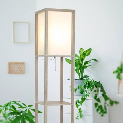 Rustic Wood 63" Adjustable Shelf Floor Lamp with Off-White Shade