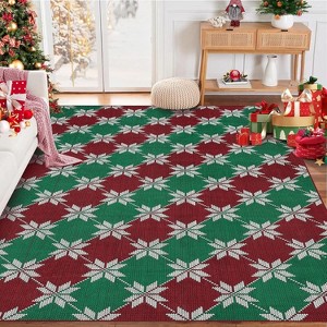 GustoWave Christmas Geometric Throw Area Rugs, Non Slip Machine Washable, Green+Red - 1 of 4