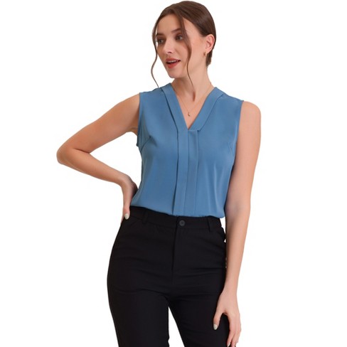 Allegra K Women's Pleated V Neck Solid Work Sleeveless Blouse Blue Gray  Medium