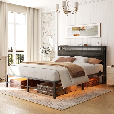 Aheaplus Queen Bed Frame with Headboard, Headboard with LED Light and USB Hub Headboads Reinforced Slat Support