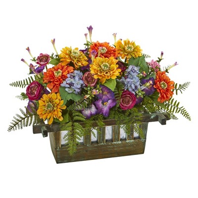 Nearly Natural 14-in Mixed Floral Artificial Arrangement in Rectangular Wood Planter