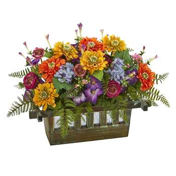 Nearly Natural 14-in Mixed Floral Artificial Arrangement in Rectangular Wood Planter
