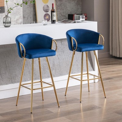DSVIMOY Counter and Bar Stool Set of 2 Velvet Bar Stools with Chrome Footrest and Golden Legs for Dining, Blue, 28.74"*16.92"*18.5"