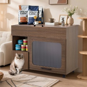 2 IN 1 Sideboard Multi-use Cat Litter Box Enclosure Storage Cabinet Buffet Cabinet Accent Cabinet, Walnut - ModernLuxe - 1 of 4