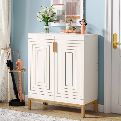 White and Gold 5-Tier Modern Shoe Cabinet with Geometric Doors
