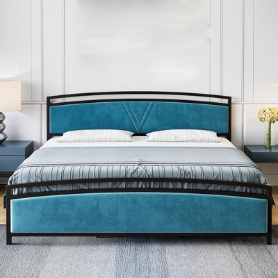 Bed Frame, Velvet Upholstered Bed Frame with Arc Design Headboard and Footboard, Modern Platform Bed with Adjustable Headboard