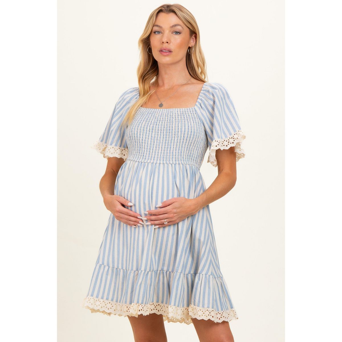 Pinkblush Light Blue Striped Smocked Lace Trim Maternity Dress
