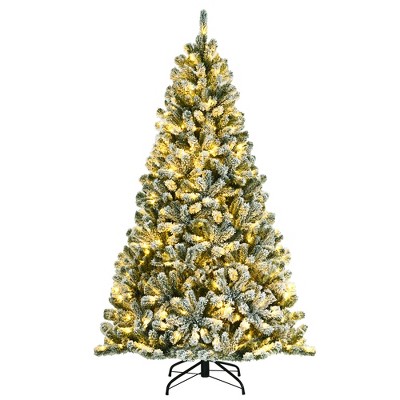 Costway 6ft Pre-lit Snow Flocked Hinged Christmas Tree w/ 928 Tips & Metal Stand