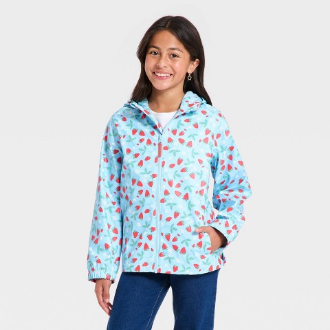 Cat & Jack Girls' Strawberry Floral Printed Rain Jacket - Cat & Jack™ Light Blue S