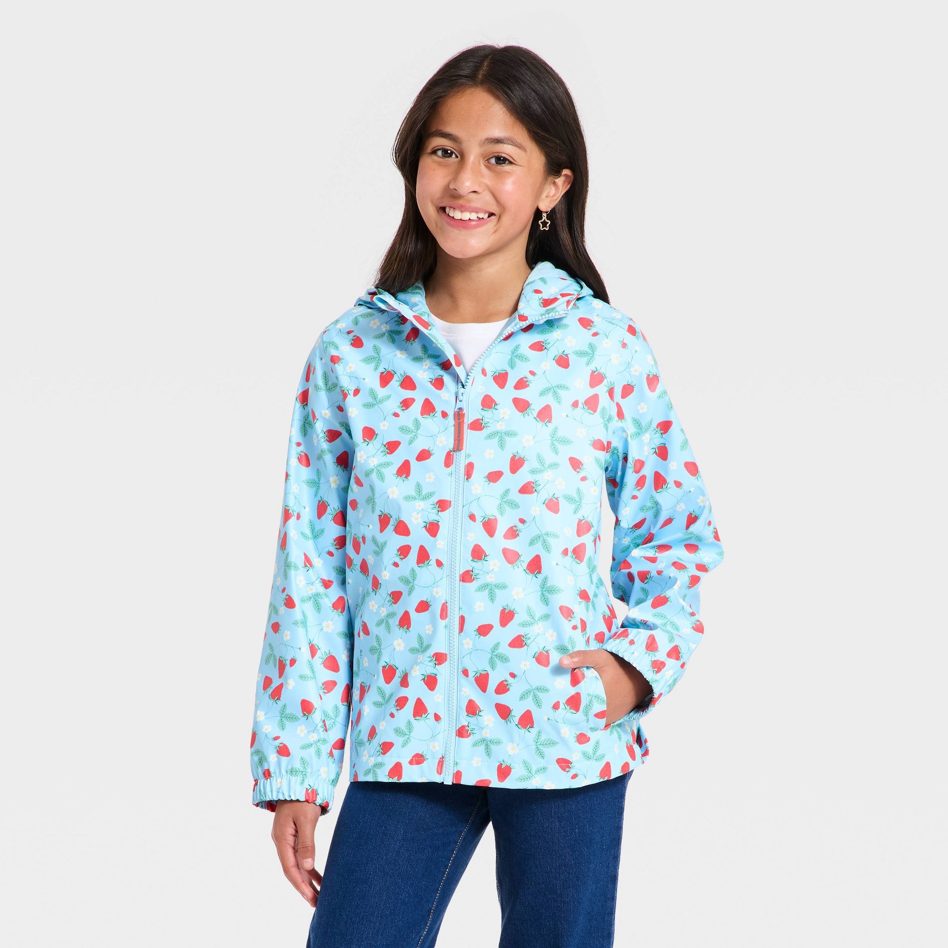 Girls' Strawberry Floral Printed Clear Rain Jacket - Cat & Jack™ Light Blue