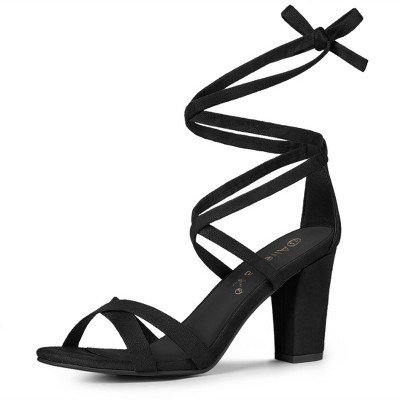 Allegra K Women's Open Toe Lace Up Strap High Block Heel Ankle Sandals