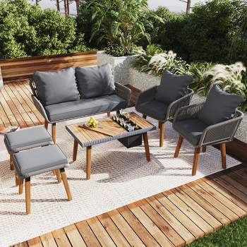 6-Piece Rope Patio Conversation Set with 2 Stools, Outdoor Furniture with Acacia Wood Bar Table with Ice Bucket 4A - ModernLuxe