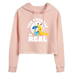 Women's - Pokémon - The Snuggle Is Real Pikachu And Piplup Cropped Graphic Hoodie - 1 of 3